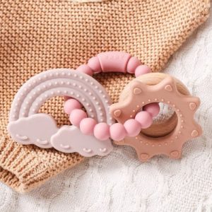 Anneau de dentition texturé en silicone et bois – Apaisant dès 3 mois