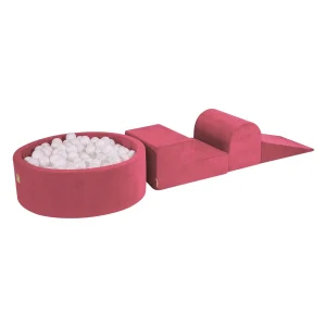 Parcours 3 pièces avec piscine à balles ronde 90x30 cm en velours, 200 balles - Rouge framboise | Balles au choix